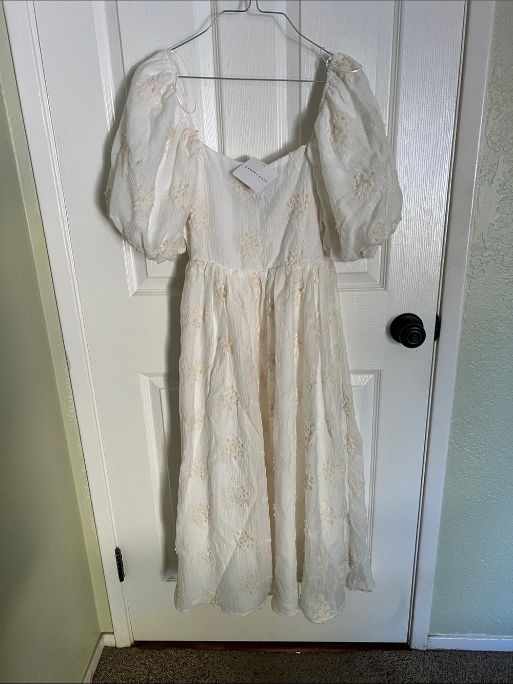 Kate Landry Ivory Lace Midi Dress with Puff Sleeves